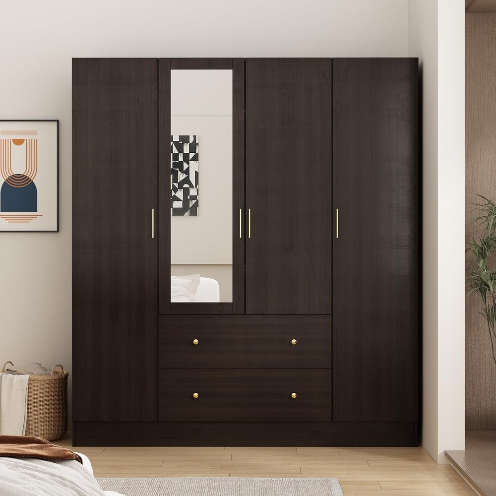 AIEGLE 4 Doors Wardrobe Armoire with Mirror, 63" Wide Large Freestanding Armoire Wardrobe Closet with Drawers, Shelves & Hanging Rods, Bedroom Clothes Storage Cabinet Organizer, Black Brown