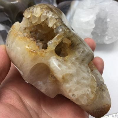 1pc Natural Crystal Stone Agate Hole Skull Figurines Crystal Geodes Home Decor,300g-400g