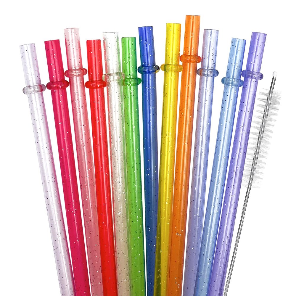 12Pcs Reusable Plastic Straws Colorful Plastic Straws, 11 Inch Long Hard Cup Drinking Straw with Cleaning Brush-12 Colors