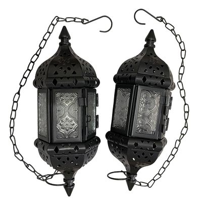 2PCS Moroccan Decorative Candle Lantern Metal Hanging Tealight Candlestick Holder Glass Indoor Outdoor LED Flameless Candle Holder 13.8 inches Chain (Black)
