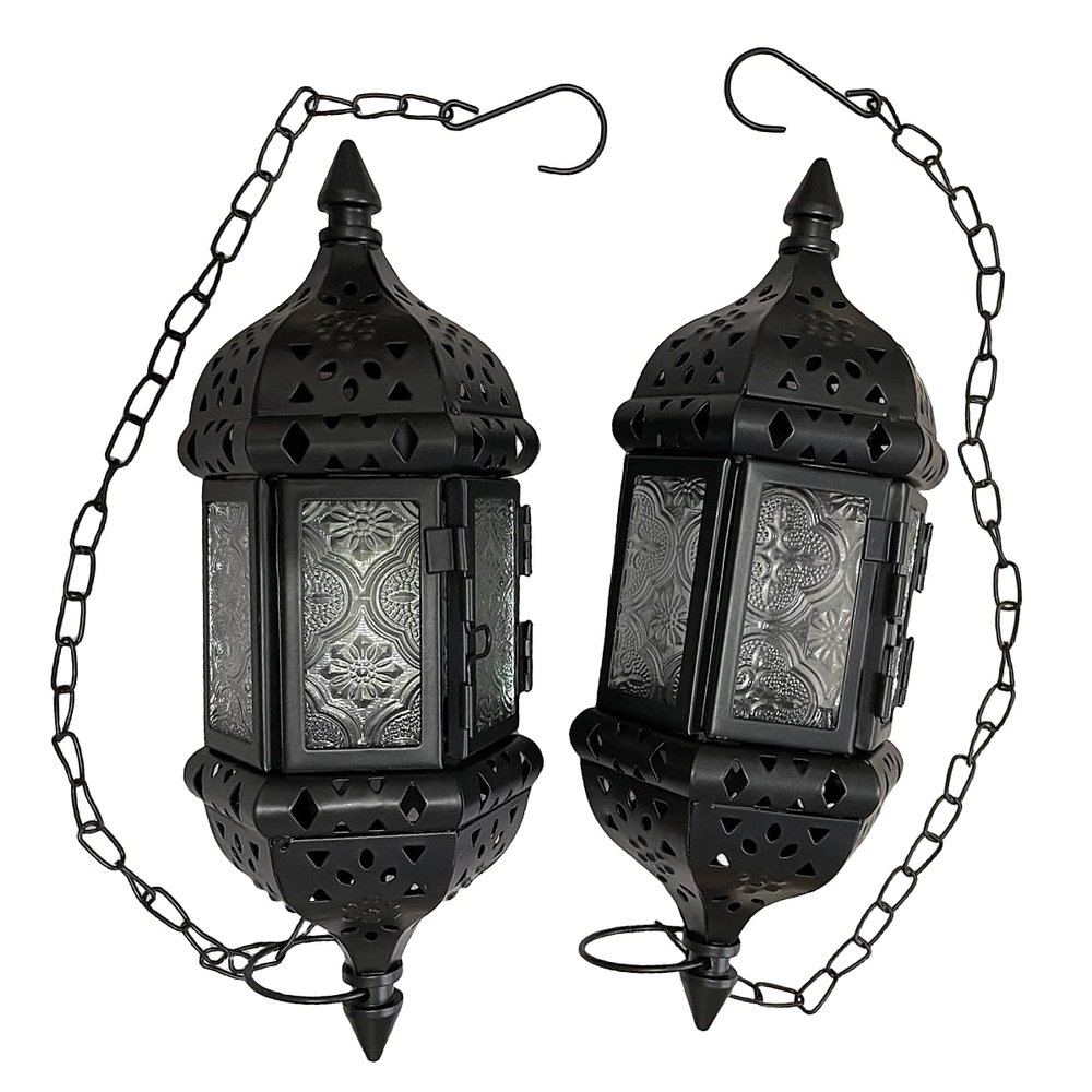 2PCS Moroccan Decorative Candle Lantern Metal Hanging Tealight Candlestick Holder Glass Indoor Outdoor LED Flameless Candle Holder 13.8 inches Chain (Black)