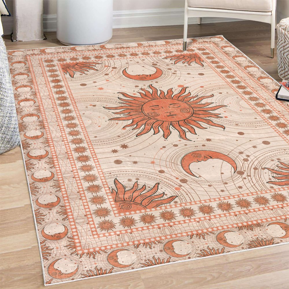 Ambesonne Sun and Moon Decorative Rug, Bohemian Artwork Design of Crescent Solar Ornament Esoteric Stars Ornaments, Quality Carpet for Bedroom Dorm and Living Room, 4' X 5' 5", Burnt Sienna