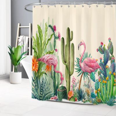 HVEST Cactus Shower Curtain for Bathroom, Tropical Succulent Plant and Pink Flamingo on Beige Shower Curtain with Hooks, 72X78 inches Green Botanical with Floral Shower Curtain Set Bathroom Decor