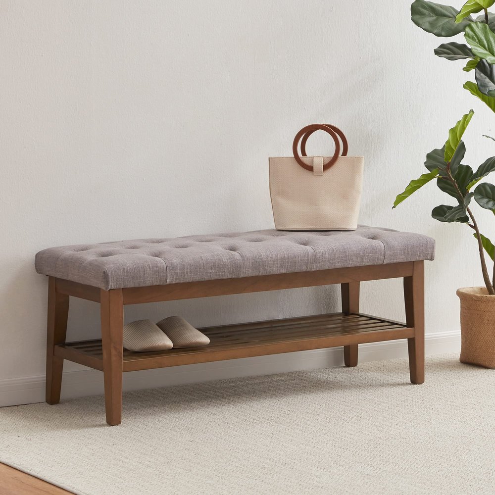 HUIMO Entryway Shoe Bench, End of Bed Bench,Upholstered Button-Tufted Bench for Kitchen, Fabric Ottoman Bench for Living Room, Padded Bench with Solid Wood Shelf,Grey