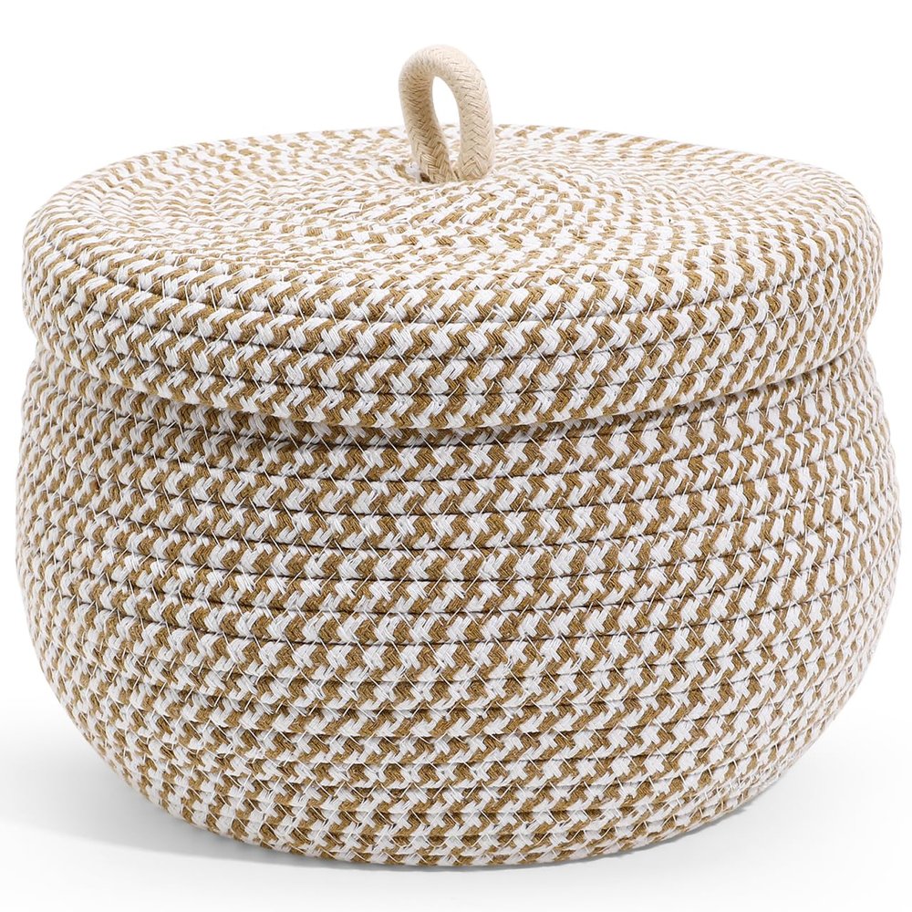 Zerodeko Cotton Rope Basket with Lid Round Woven Basket Decorative Storage Bin Organizer Box Lidded Baskets Egg Holder Jewelry Box Cosmetic Holder for