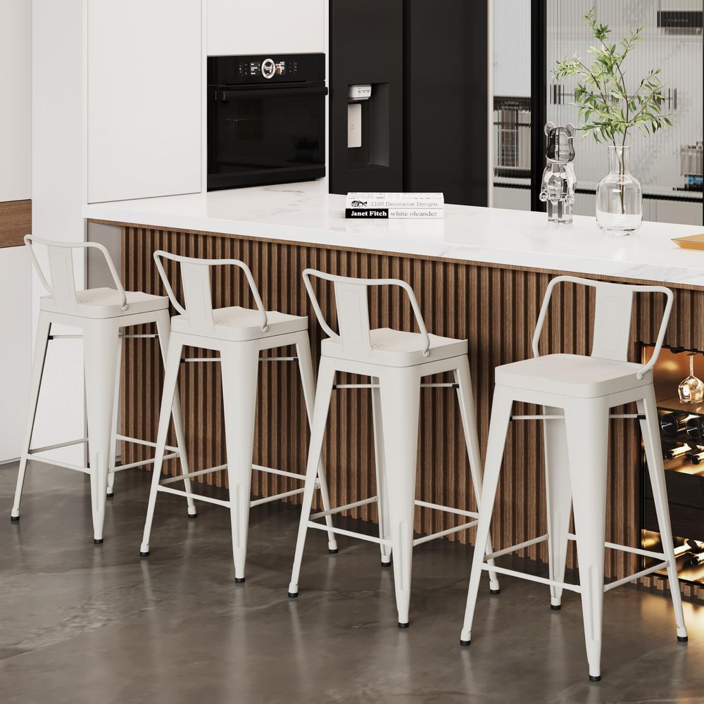 Alunaune 24" Metal Counter Height Barstools Set of 4, Industrial Counter Bar Stools Kitchen Bar Chairs Indoor Outdoor Stool-Low Back, White