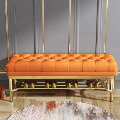 ZEELYDE Shoe Rack,Premium Leather Entryway Bench with Golden Shoe Rack,Button Upholstered End of Bed Bench Seat,Modern Hallway Shoe Bench Shoe Storage Organizer-Orange 90x33x48cm