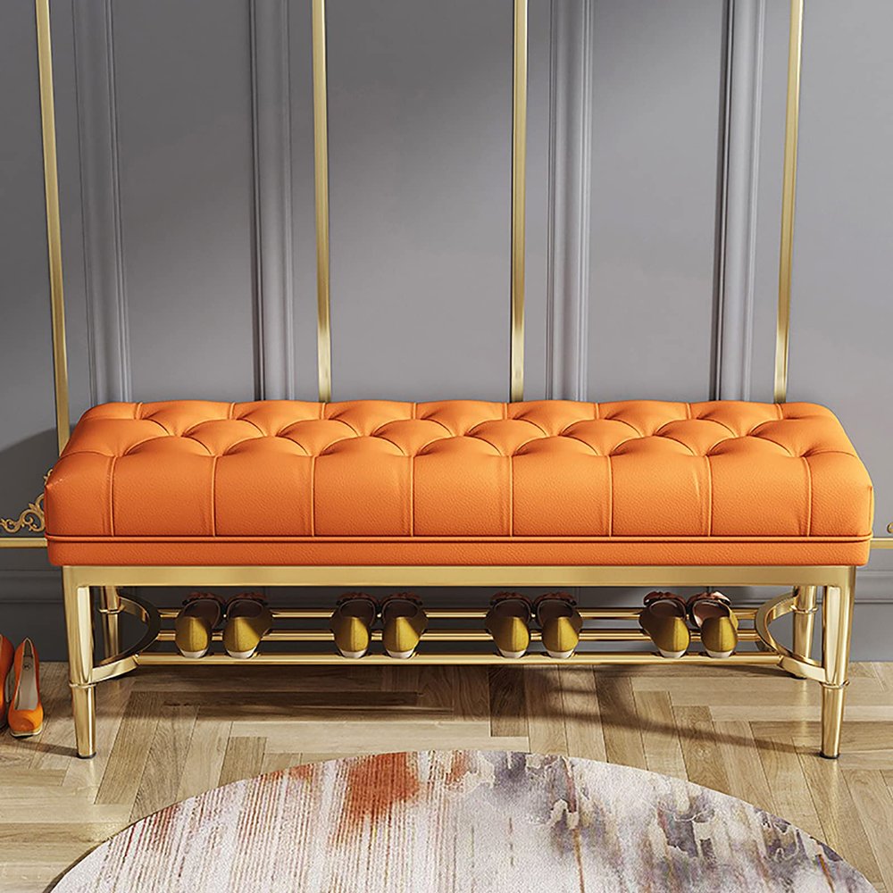 ZEELYDE Shoe Rack,Premium Leather Entryway Bench with Golden Shoe Rack,Button Upholstered End of Bed Bench Seat,Modern Hallway Shoe Bench Shoe Storage Organizer-Orange 90x33x48cm