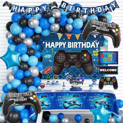 Hombae Video Game Party Decorations, Blue and Black Video Game Birthday Decorations Backdrop Balloon Garland Banner Hanging Sign Tablecloth Cake Cupcake Topper Black Controller Go Win Game On