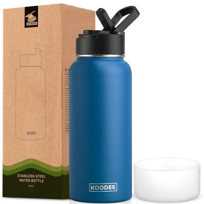 koodee Insulated Water Bottle-32 oz Stainless Steel Vacuum Insulated Water Bottle with Straw Lid, Double Wall Metal Sports Water Bottle for Men (Navy)