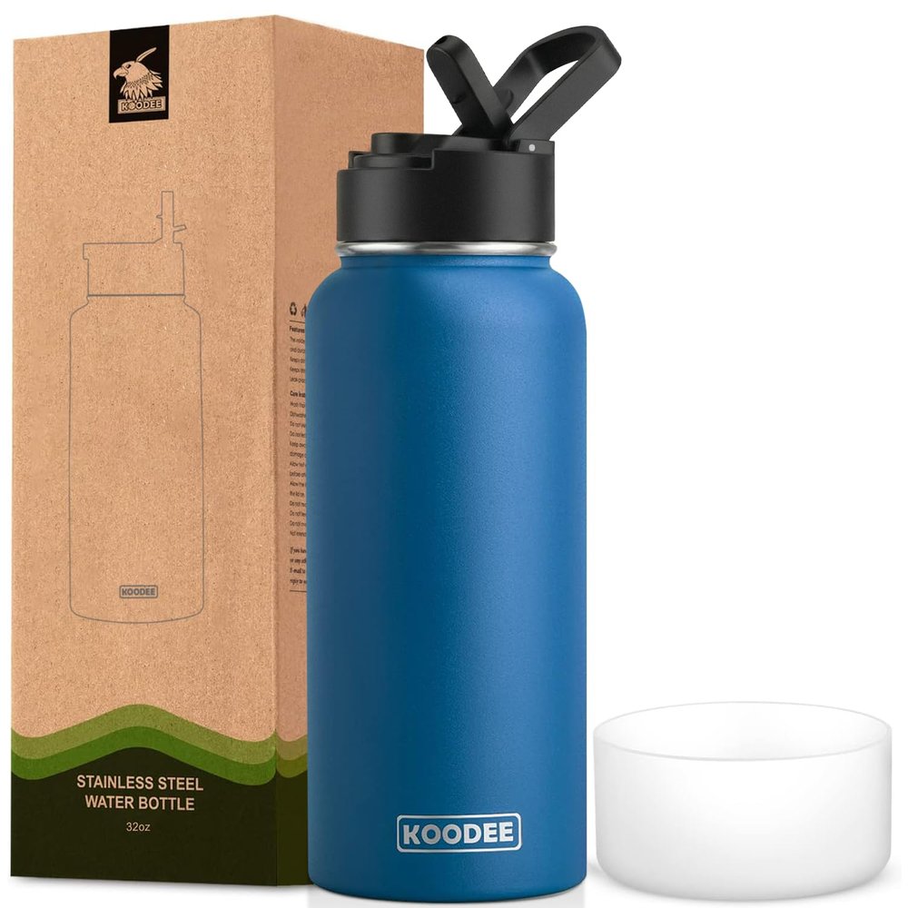 koodee Insulated Water Bottle-32 oz Stainless Steel Vacuum Insulated Water Bottle with Straw Lid, Double Wall Metal Sports Water Bottle for Men (Navy)