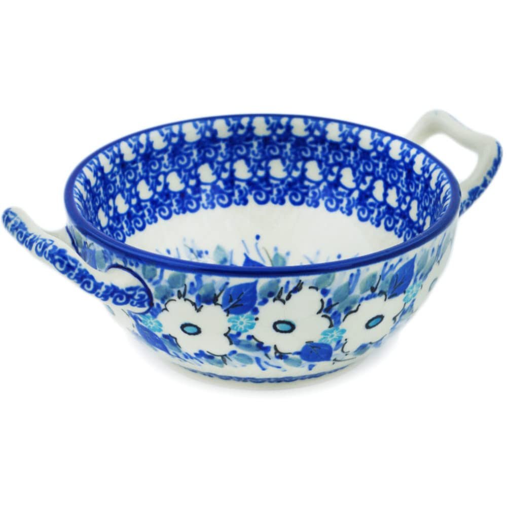 Polmedia Polish Pottery Bouillon Cup UNIKAT - Delicate Magnolia Pattern Handmade in Boleslawiec Poland by Ceramika Artystyczna + Certificate of Authenticity