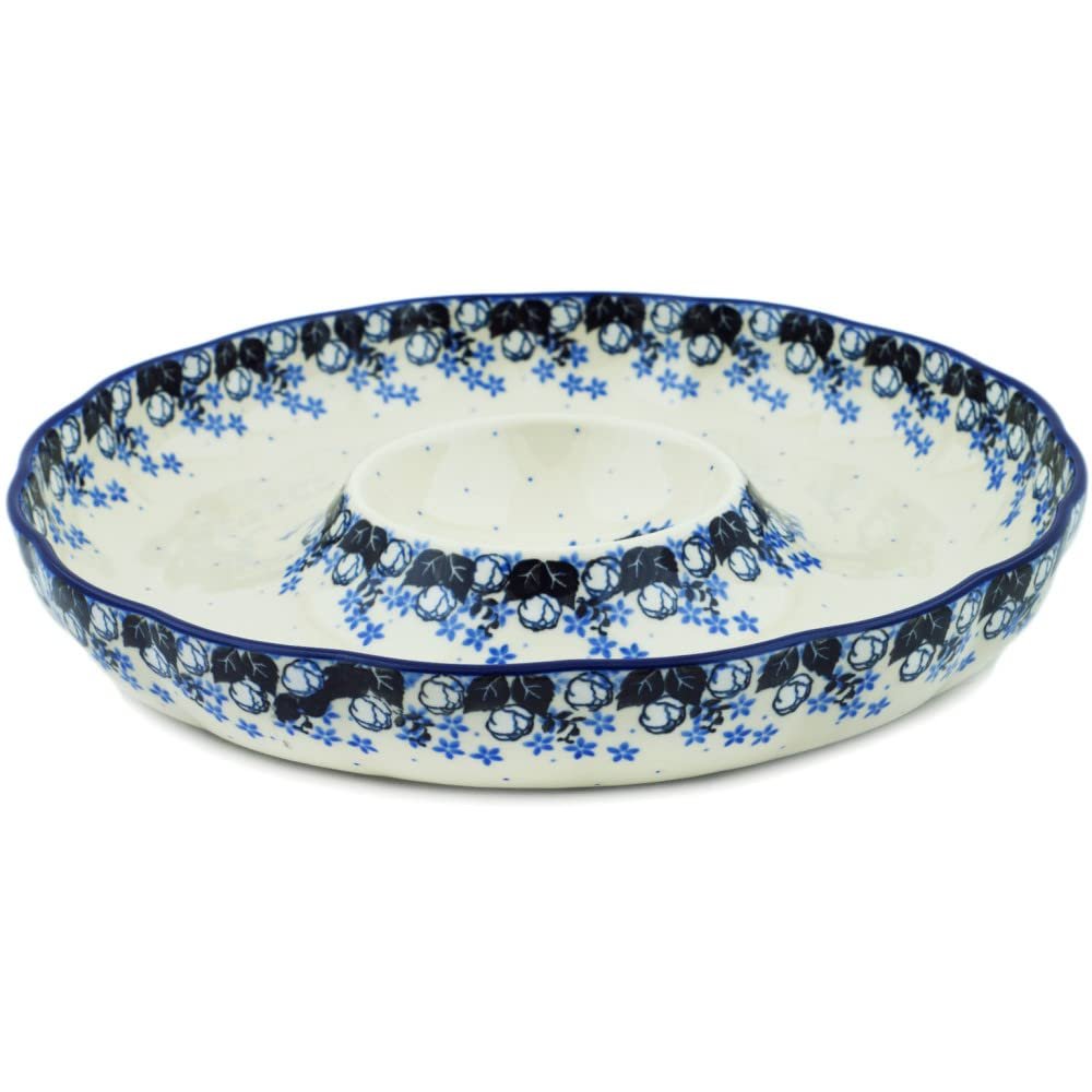 Polmedia Polish Pottery Chip and Dip Platter 12-inch - Flowers At Dusk Pattern Handmade in Boleslawiec Poland by Ceramika Artystyczna + Certificate of Authenticity
