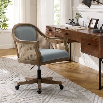 HULALA HOME Rattan Desk Chair, Upholstered Home Office Chair, Vintage Office Chair with Armrest, Adjustable Swivel Rolling Height Task Chair for Living Room Bedroom Study Room, Blue