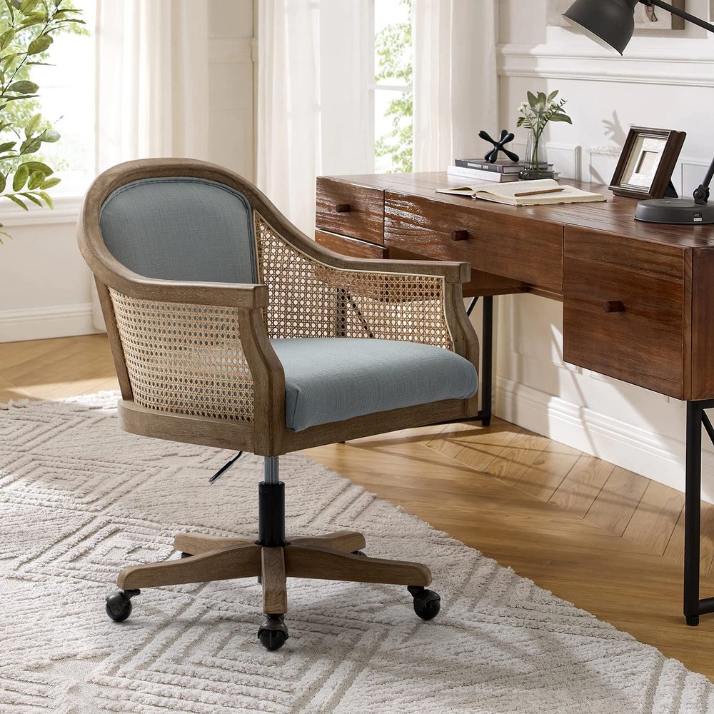 HULALA HOME Rattan Desk Chair, Upholstered Home Office Chair, Vintage Office Chair with Armrest, Adjustable Swivel Rolling Height Task Chair for Living Room Bedroom Study Room, Blue