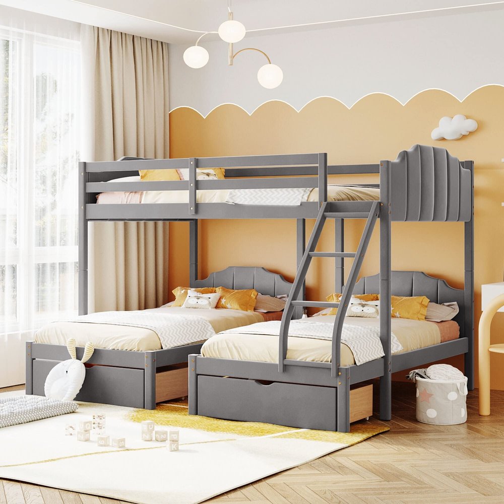 SECOLI Wooden Full Bed Frame Full Over Twin & Twin Bunk Bed, Velvet Triple Bunk Bed with Drawers and Guardrails, Gray