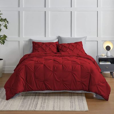 3 PCS Pinch Pleated Duvet Cover Cal-King - with Zipper & 4 Corner Ties Rectangle Pattern Decorative Pintuck Pillowsham with Size (104x98 Cal- King, Burgundy)