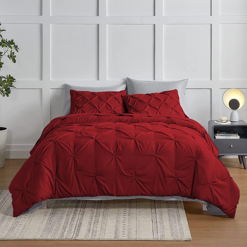 3 PCS Pinch Pleated Duvet Cover Cal-King - with Zipper & 4 Corner Ties Rectangle Pattern Decorative Pintuck Pillowsham with Size (104x98 Cal- King, Burgundy)