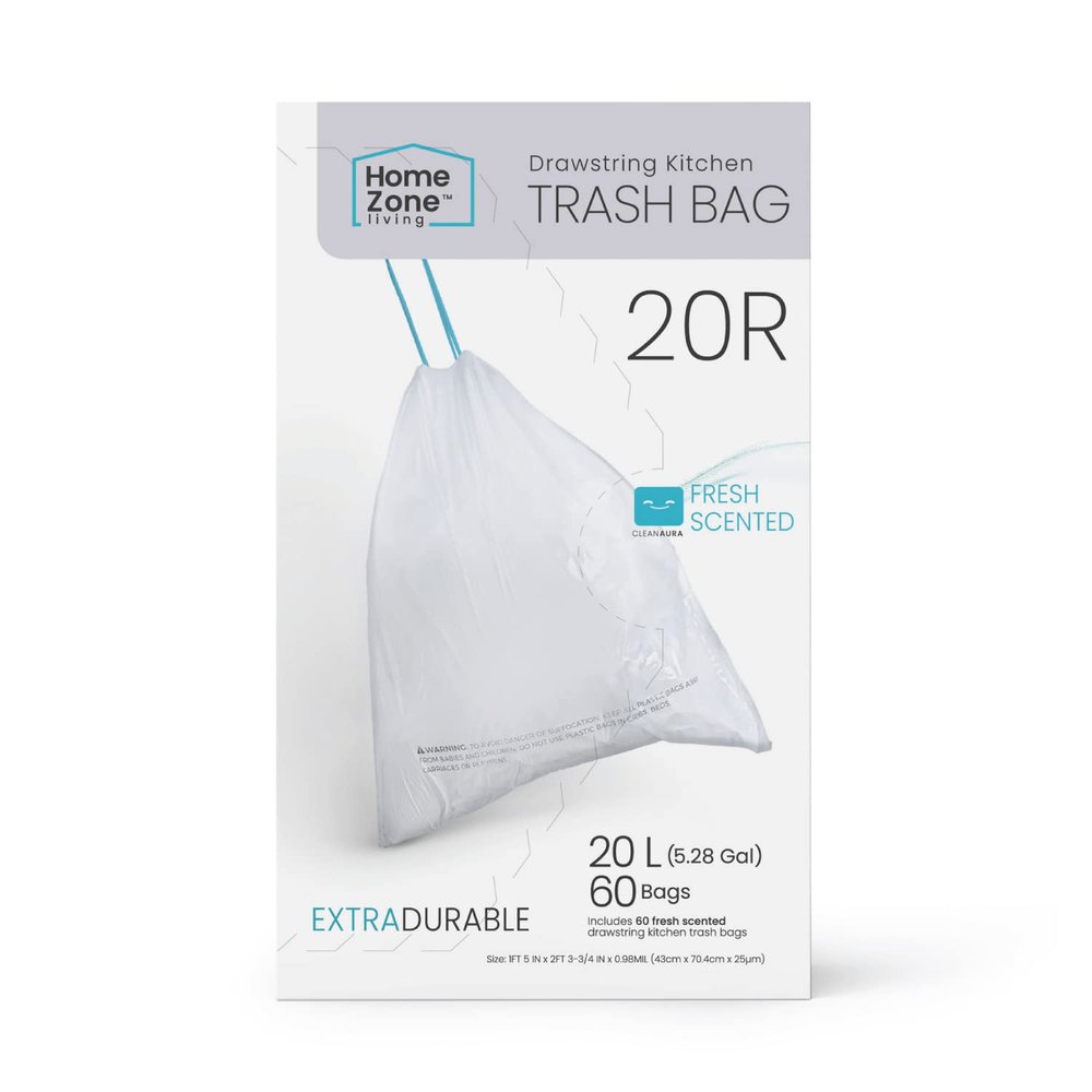 Home Zone Living 5.3 Gallon Kitchen Trash Bags with Drawstring Handles, Heavy Duty Custom Fit Design for 20 Liter Dual Recycling Liners, Code 20R, 60-Count