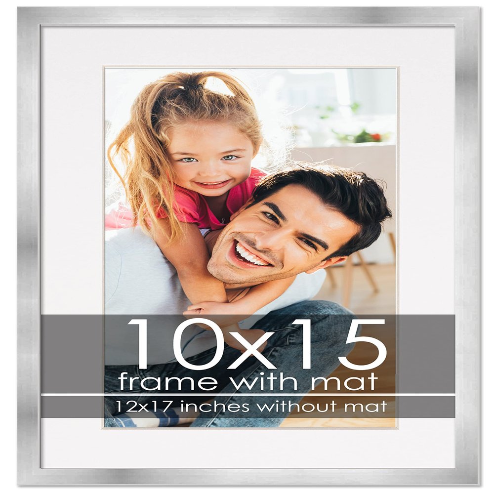 10x15 Silver Frame with White Mat - Silver 12x17 Frame Wood Made to Display Print or Poster Measuring 10 x 15 Inches with White Photo Mat