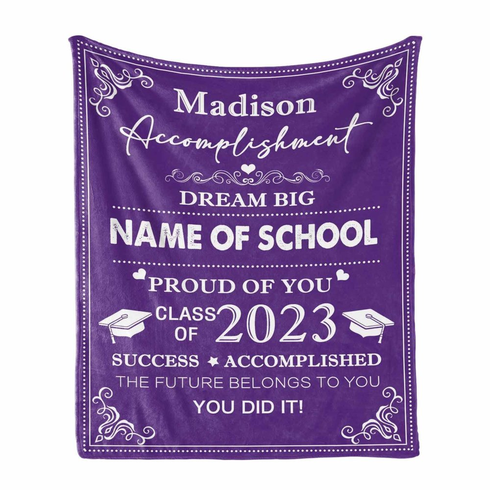 Custom Class of 2023 Graduation Blanket with Graduates Name and High School/College Name Personalized 2023 Graduation Blankets Soft Lightweight Throws 60"x80" - Purple