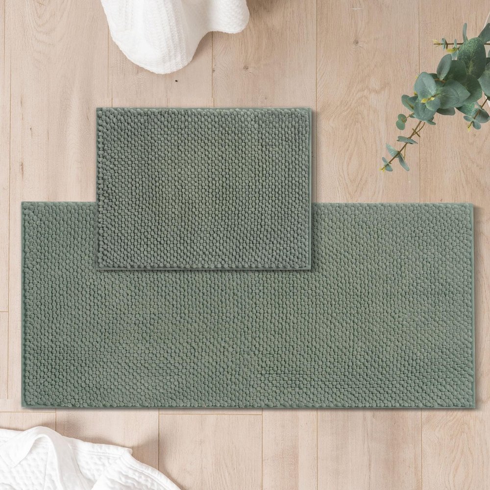 FRESHMINT Chenille Bathroom Rugs Set - 2 Piece 17"x24" + 20"x47", Non-Slip Bath Mats, Water Absorbent, Washable Shower Floor Mat, Sage Green