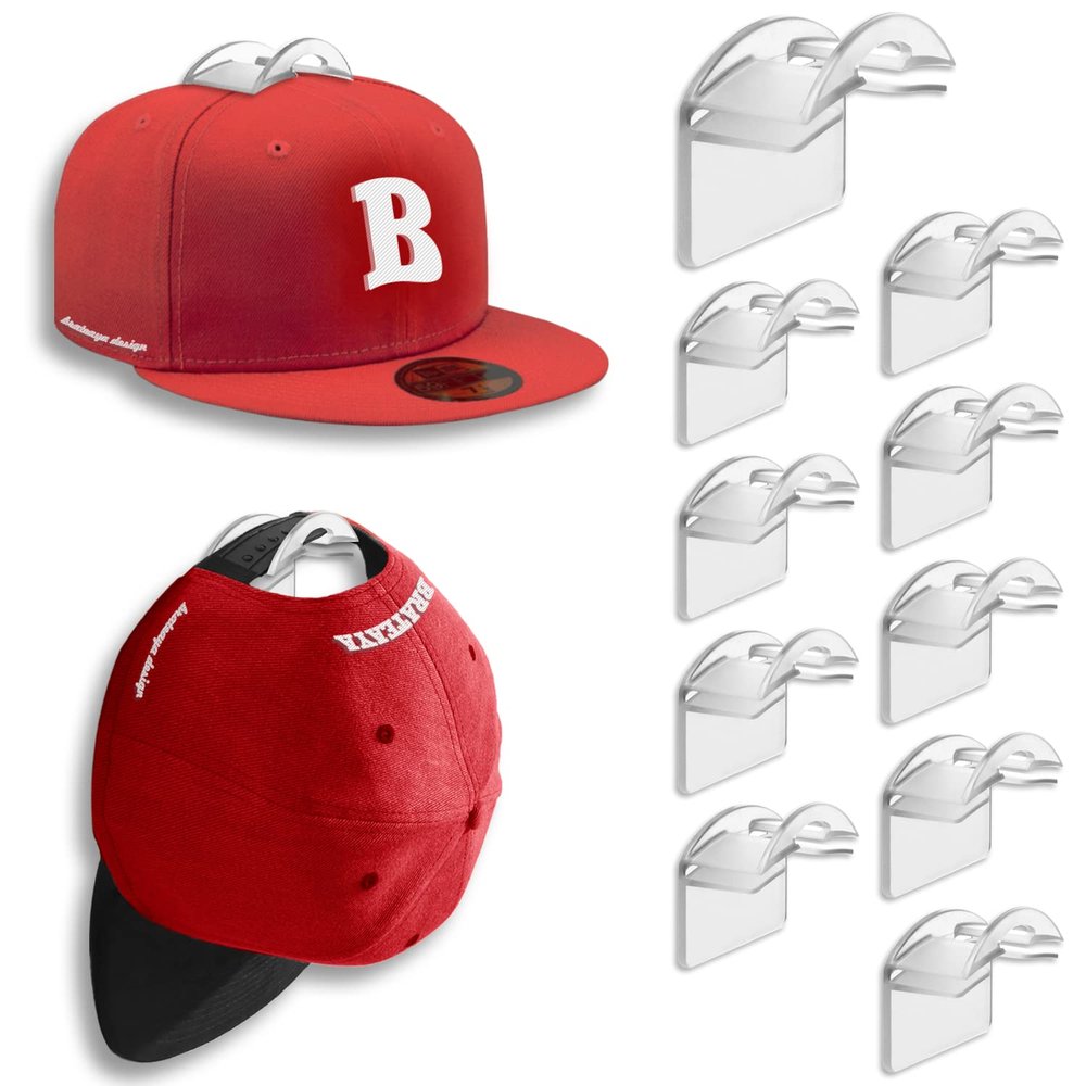 BRATEAYA Hat Hangers for Wall, Stronge Adhesive Hat Holders Display, No Driling Caps Holder Organizer, 10 Pack Hat Hook for Baseball Caps, Wall Mounted Cap Rack, Clear