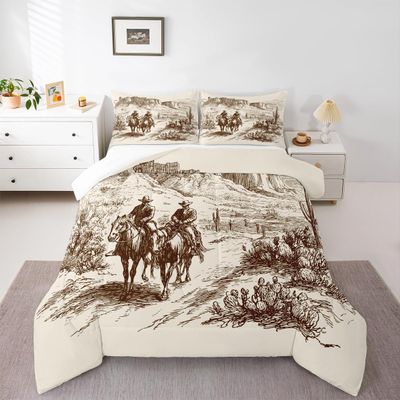 Wild West Comforter Set King Cowboys Bedding American Western Desert Hunting Horse Riding Bedding Comforter Sets For Man Teens Boy Hand Drawn Illustration Mountain Cactus Bedroom Decor Duvet Insert