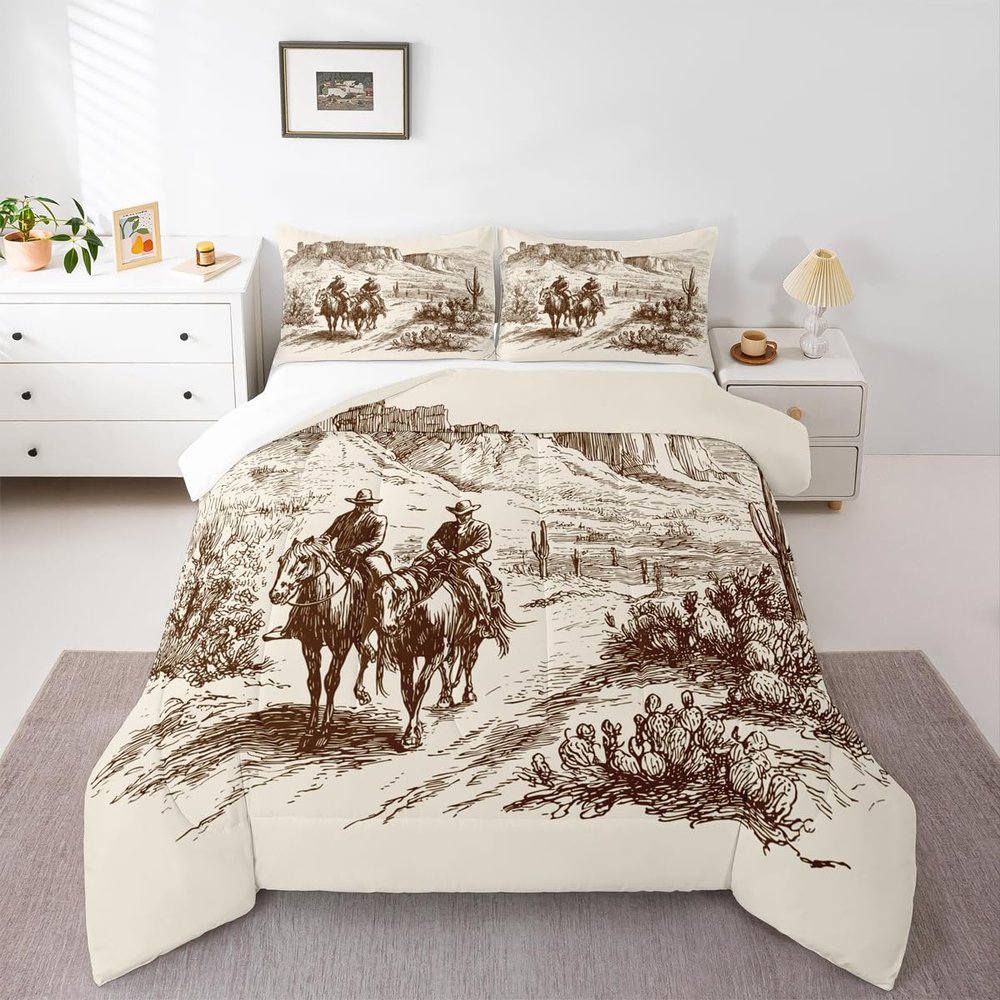 Wild West Comforter Set King Cowboys Bedding American Western Desert Hunting Horse Riding Bedding Comforter Sets For Man Teens Boy Hand Drawn Illustration Mountain Cactus Bedroom Decor Duvet Insert