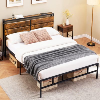 Alkmaar 15.6in Metal Full Size Platform Bed Frame with Storage Bedside, Rustic Vintage Wood Headboard, Mattress Foundation, Strong Metal Slats Support, No Box Spring Needed