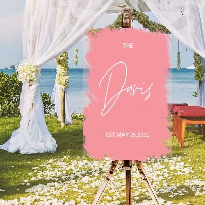 Personalized Initials Acrylic Welcome Wedding Signs Pink Brush Painted Romance Art Font Custom Name Welcome Wedding Signage Romantic Wedding Decor Engagement Sign 16x24in