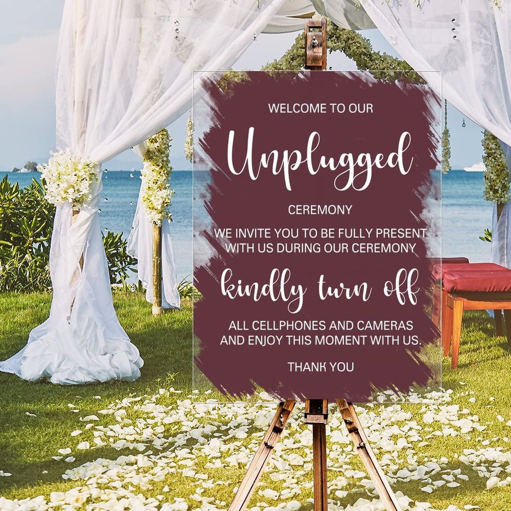 Welcome To Our Unplugged Ceremony Acrylic Wedding Welcome Signs Brush Painted Burgundy Coral Red Custom Name Welcome Wedding Sign Elegant Decorative Wedding Party Art Signs 18x24in
