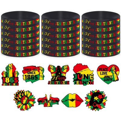 Lenwen 27 Pieces Juneteenth Day Party Favors Happy Juneteenth Silicone Wristbands Pin Buttons Badges Black Freedom Day Wristband Bracelets Pin Set for Freedom African Party Supplies