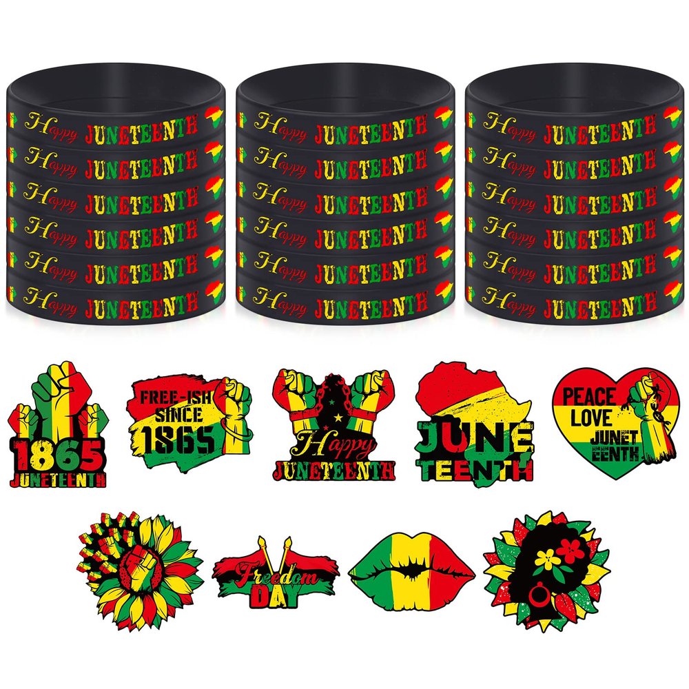 Lenwen 27 Pieces Juneteenth Day Party Favors Happy Juneteenth Silicone Wristbands Pin Buttons Badges Black Freedom Day Wristband Bracelets Pin Set for Freedom African Party Supplies