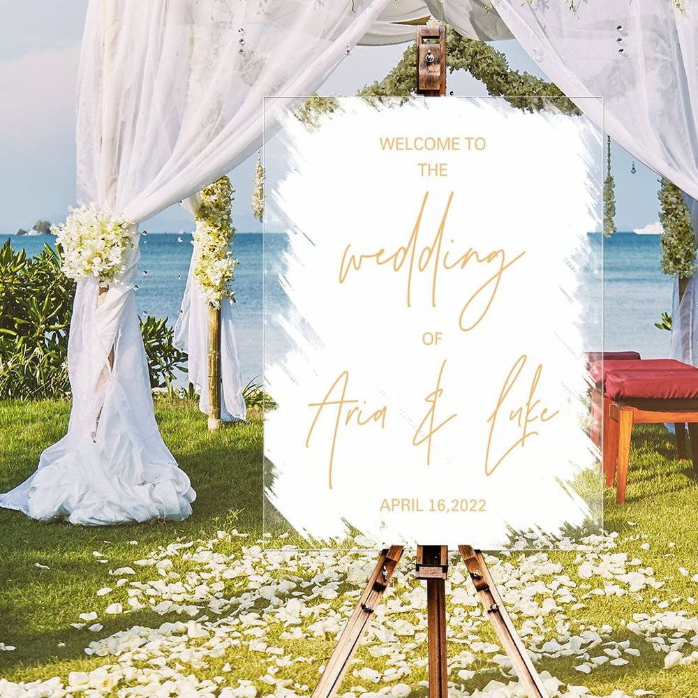 White Brush Painted Elegant Gold Font Personalized Name Wedding Welcome Signs Welcome to The Wedding of Acrylic Welcome Wedding Sign Romantic Porch Welcome Sign Wedding Reception Decor 18x24in