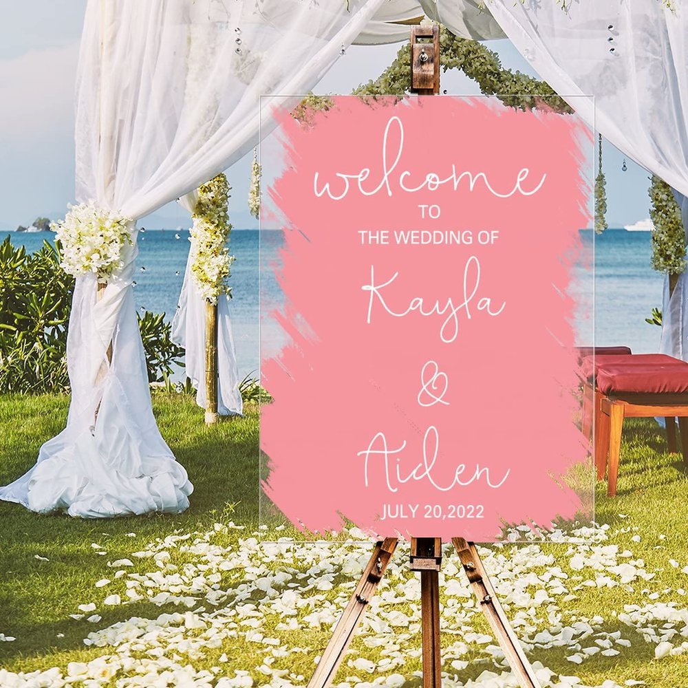 Personalized Name Wedding Welcome Signs Welcome To The Wedding Of Romance Acrylic Welcome Wedding Sign Pink Brush Painted Romance Art Font Decorative Wedding Party Art Signs 18x24in
