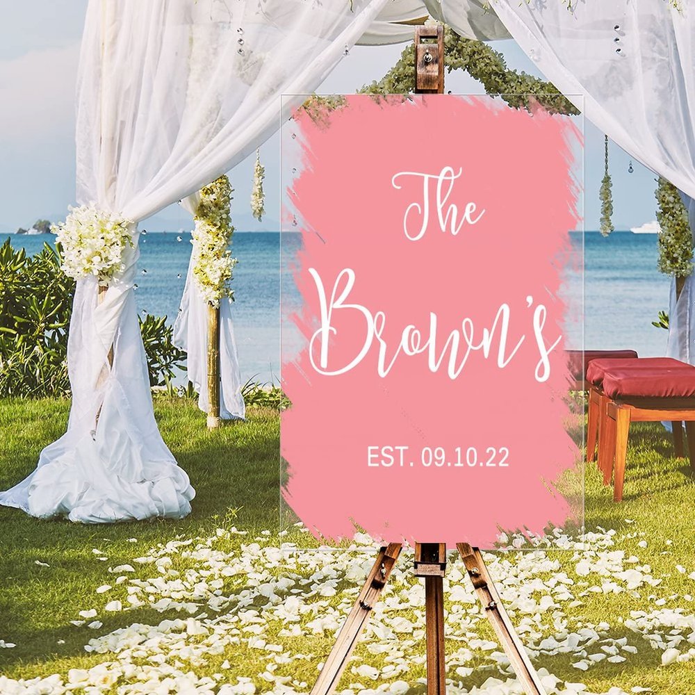 Personalized Name Welcome Wedding Signs Personalized Established Date Elegant Acrylic Wedding Sign Pink Brush Painted Romance Art Font Welcome Sign for Wedding Reception 16x24in