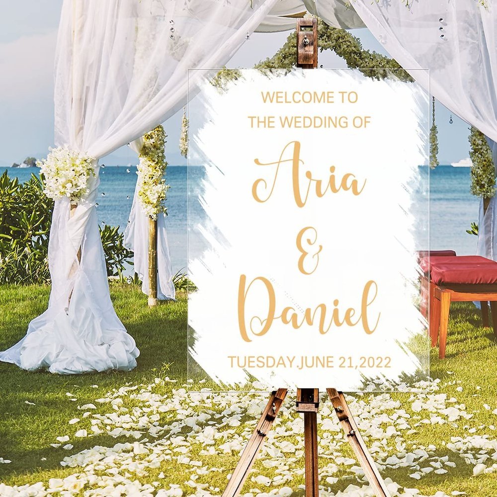 White Brush Painted Elegant Gold Font Personalized Name Welcome Wedding Signs Welcome to Our Wedding of Acrylic Welcome Wedding Sign Modern Wedding Reception Poster Welcome Sign 18x24in