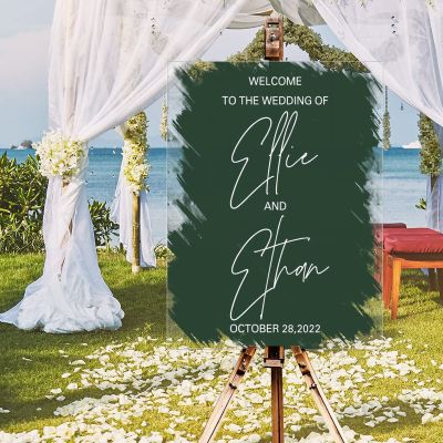 Elegant Welcome Wedding Signs Welcome To The Wedding Of Acrylic Wedding Signs for Ceremony Decor White Art Font Watercolor Dark Green Custom Couple Name Wedding Welcome Sign 18x24in