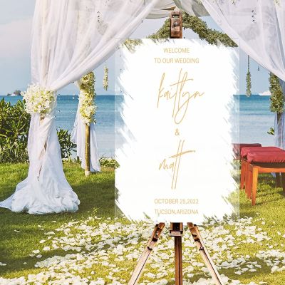 Welcome To Our Wedding Acrylic Wedding Welcome Sign White Brush Painted Elegant Gold Font Custom Name Wedding Sign Elegant Welcome Wedding Poster Entrance Decor Sign 16x24in