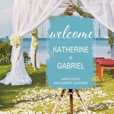 Personalized Name Welcome Wedding Signs Welcome Personalized Romantic Acrylic Wedding Welcome Sign Watercolor Blue Back Paint Decorative Wedding Party Art Signs 16x24in Wedding Decor Plaque