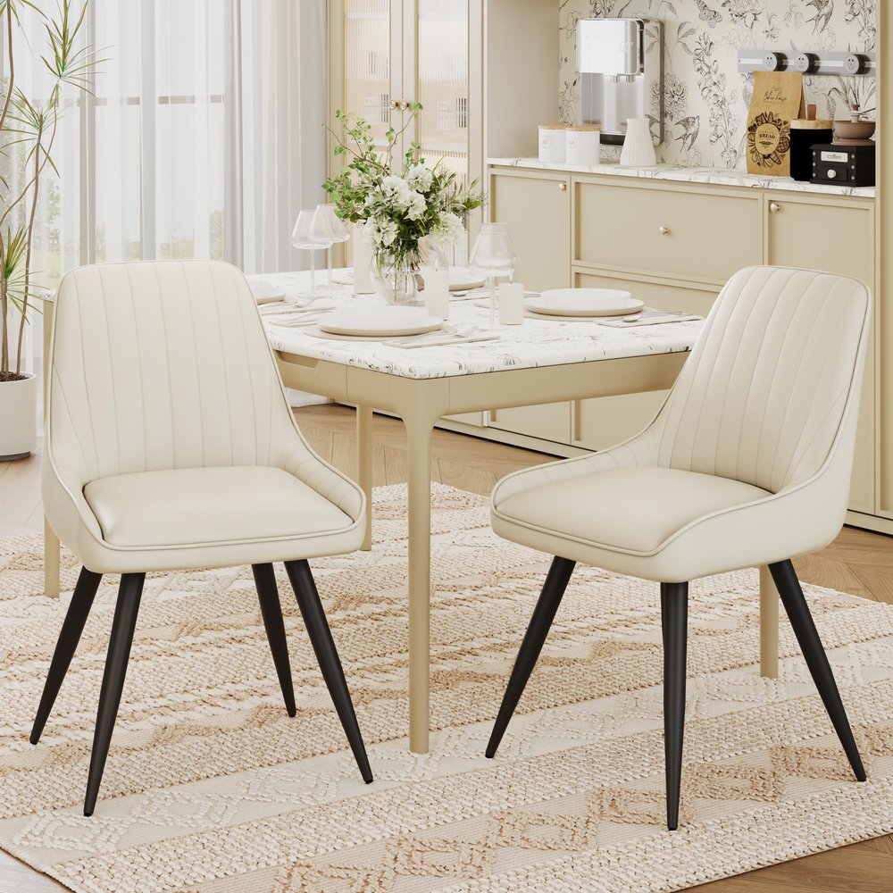 Alunaune Modern Dining Chairs Set of 2, Mid Century Upholstered Kitchen Chairs Anti Scratch Armless Leisure Accent Chair, Living Room Faux Leather Desk Side Chair with Metal Legs-Beige