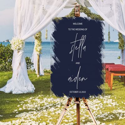 Personalized Name Welcome Wedding Signs Welcome To The Wedding Of Custom Romantic Acrylic Wedding Sign White Art Font Dark Blue Paint Back Decorative Wedding Party Art Signs 16x24in
