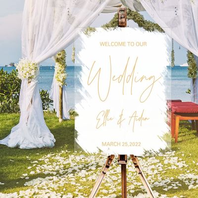 White Brush Painted Elegant Gold Font Personalized Name Welcome Wedding Signs Welcome To Our Wedding Acrylic Welcome Wedding Sign Romance Bridal Shower Welcome Sign Entrance Decor 18x24in