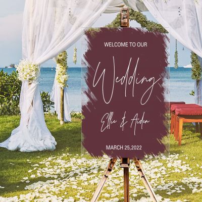Romance Wedding Welcome Sign Welcome To Our Wedding Acrylic Wedding Reception Welcome Sign Brush Painted Burgundy Coral Red Custom Couple Name Wedding Welcome Sign 16x24in