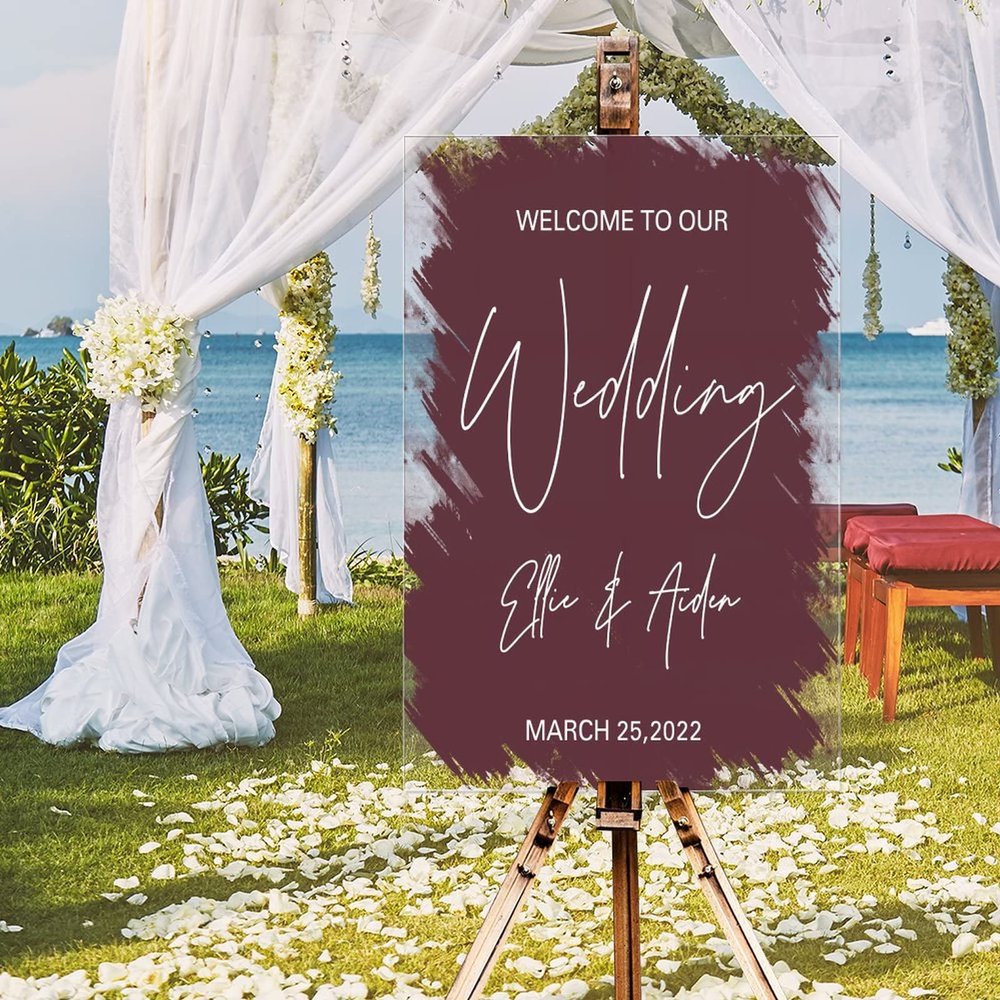 Romance Wedding Welcome Sign Welcome To Our Wedding Acrylic Wedding Reception Welcome Sign Brush Painted Burgundy Coral Red Custom Couple Name Wedding Welcome Sign 16x24in