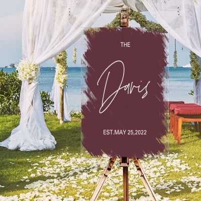 Classic Welcome Wedding Sign Personalized Romance White Font Acrylic Wedding Reception Poster Welcome Sign Brush Painted Burgundy Coral Red Custom Couple Name Wedding Welcome Sign 16x24in