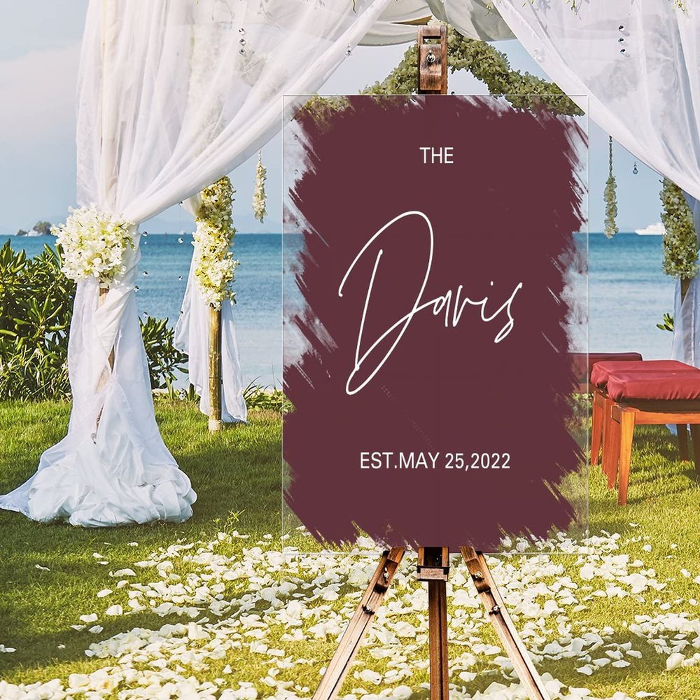 Classic Welcome Wedding Sign Personalized Romance White Font Acrylic Wedding Reception Poster Welcome Sign Brush Painted Burgundy Coral Red Custom Couple Name Wedding Welcome Sign 16x24in