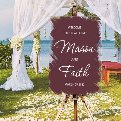 Personalized Name Wedding Welcome Signs Welcome To Our Wedding Classic Acrylic Wedding Reception Sign Brush Painted Burgundy Coral Red Wedding Entrance Sign Welcome Sign 16x24in