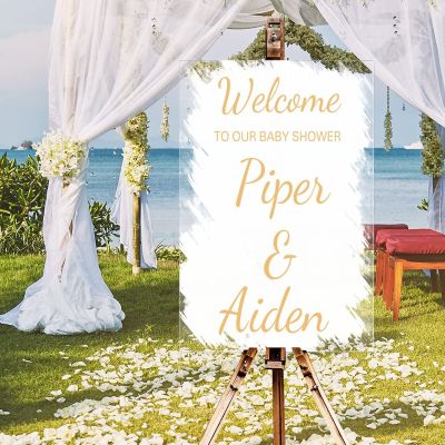 Personalized Name Wedding Welcome Sign Welcome To Our Baby Shower Romance Acrylic Wedding Reception Sign White Brush Painted Elegant Gold Font Couples Wedding Reception Decor Sign 16x24in